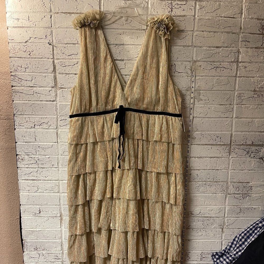 Arula Gold Party Cocktail Shimmer Sleeveless Plus Size Curvy Ruffle Dress 2X NWT - Picture 2 of 13